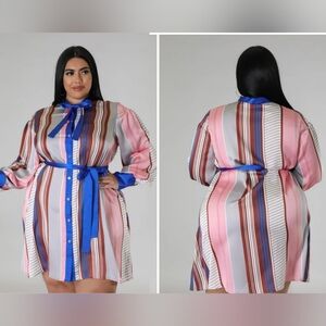 Striped Satin Shirt Dress with Blue Trim - Pink/Blue